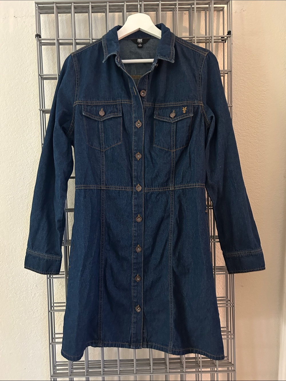 Frye Rivet & Thread Dark Denim Button-Front Shirt Dress. EUC